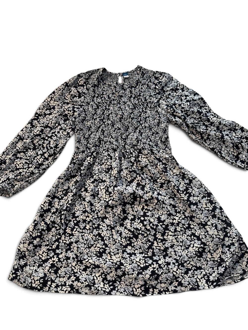 Old Navy Blue and White Floral Smocked Long Sleeve Dress - Medium Petite